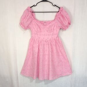 SheIn Baby Pink Eyelet Off-Shoulder Puff Sleeve Bustier Mini Dress Size Small